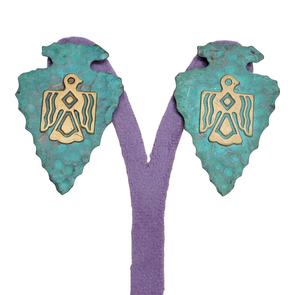 Vintage Southwestern Thunderbird Arrowhead Post Earrings Verdigris Patina Boho